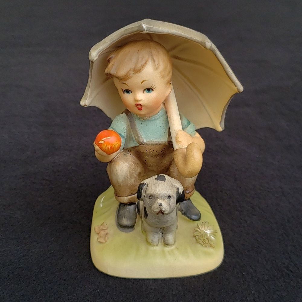 Vintage Erich Stauffer Porcelain Boy Holding Umbrella with AppleβDog Puppy #8343